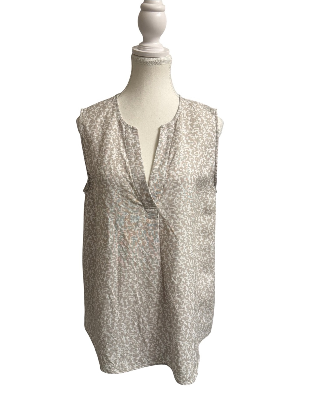 Alfani Linen Blend Tunic Top L Neutral Abstract‎ Print Coastal Quiet Luxury